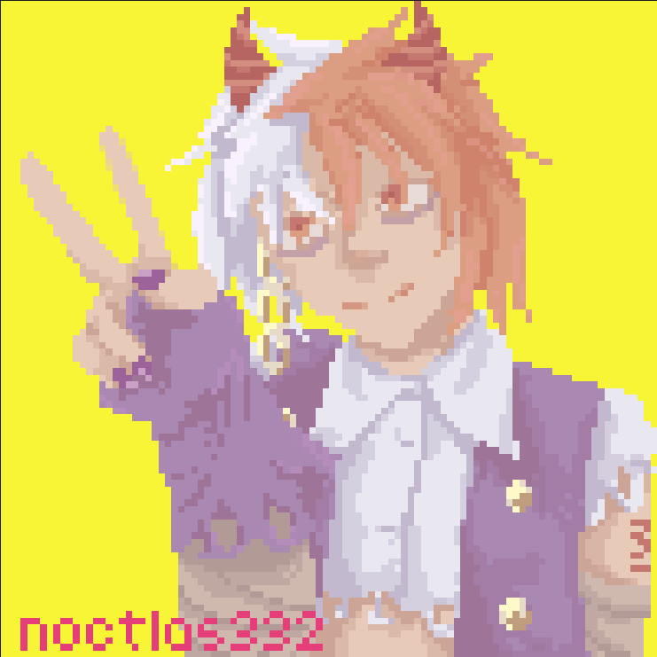 a larger screen shot of a pixel drawing of a bust shot of mayo coulombs on a bright yellow background. they are smiling and doing a peace sign with their right hand